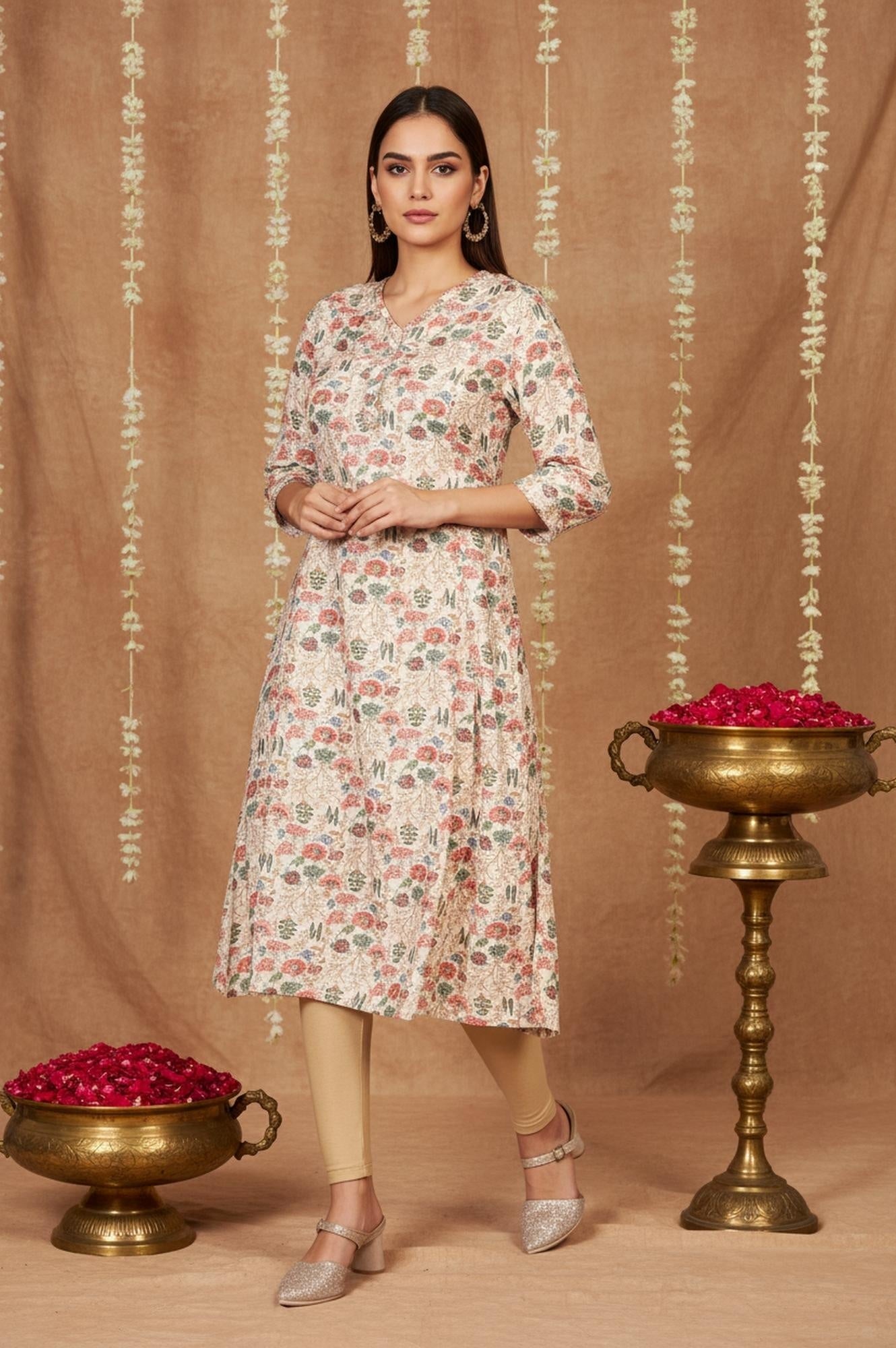 Beige Floral Print Straight Muslin Shimmer Kurta