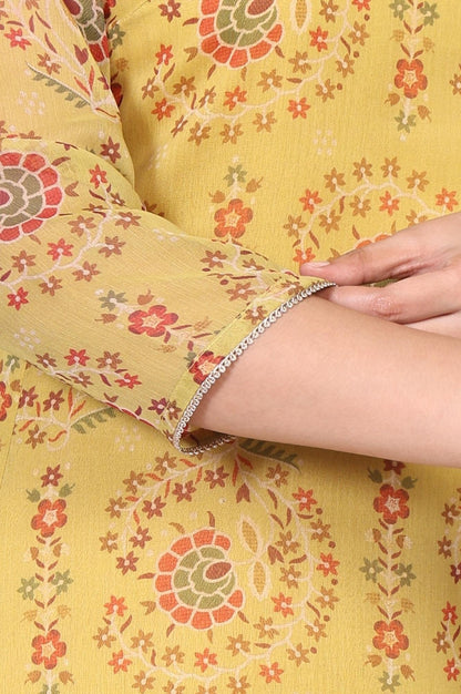 Yellow Floral Thread Work A-Line Chiffon Kurta