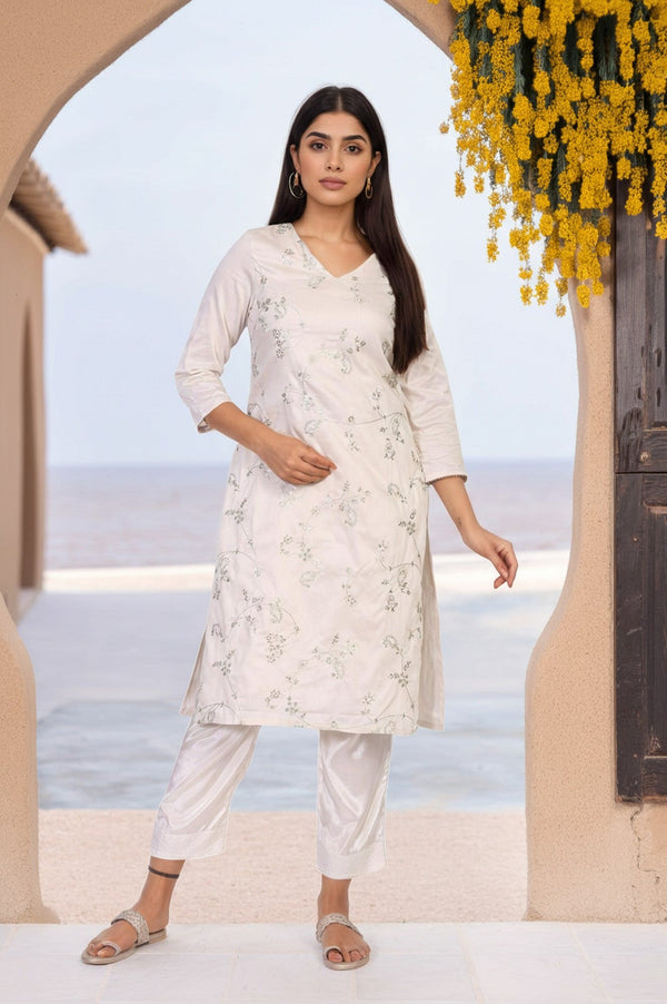 Off-White Embroidered Straight Viscose Kurta