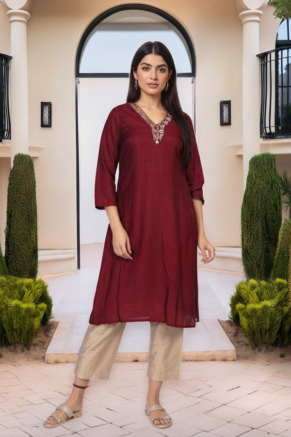 Maroon Embroidered A-Line Silk Kurta