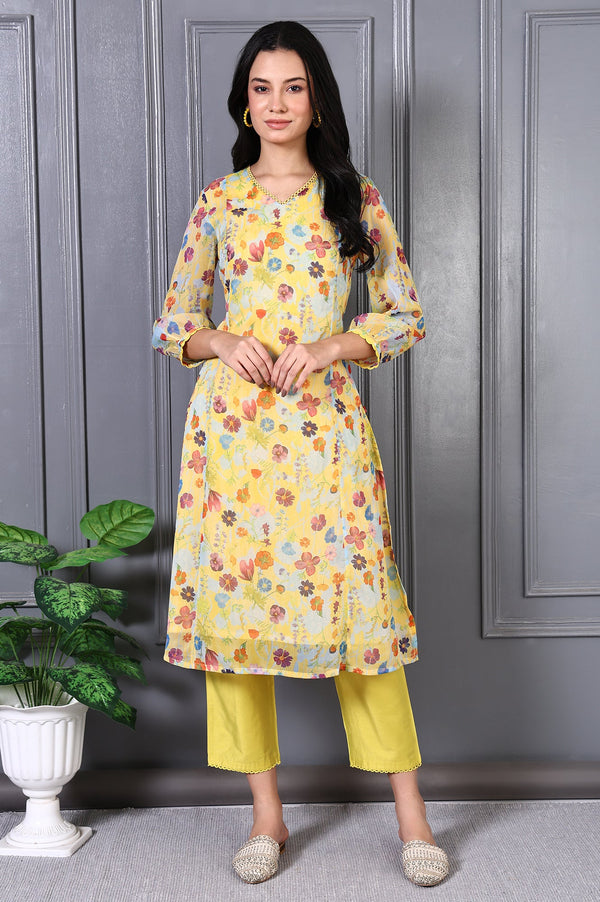 Yellow Floral Printed Lace Chiffon A-line Kurta