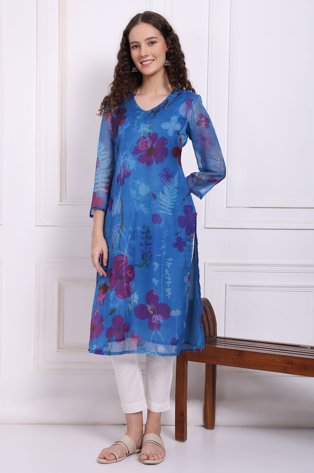 Cobalt Blue Floral Printed Organza Straight Kurta with Lace