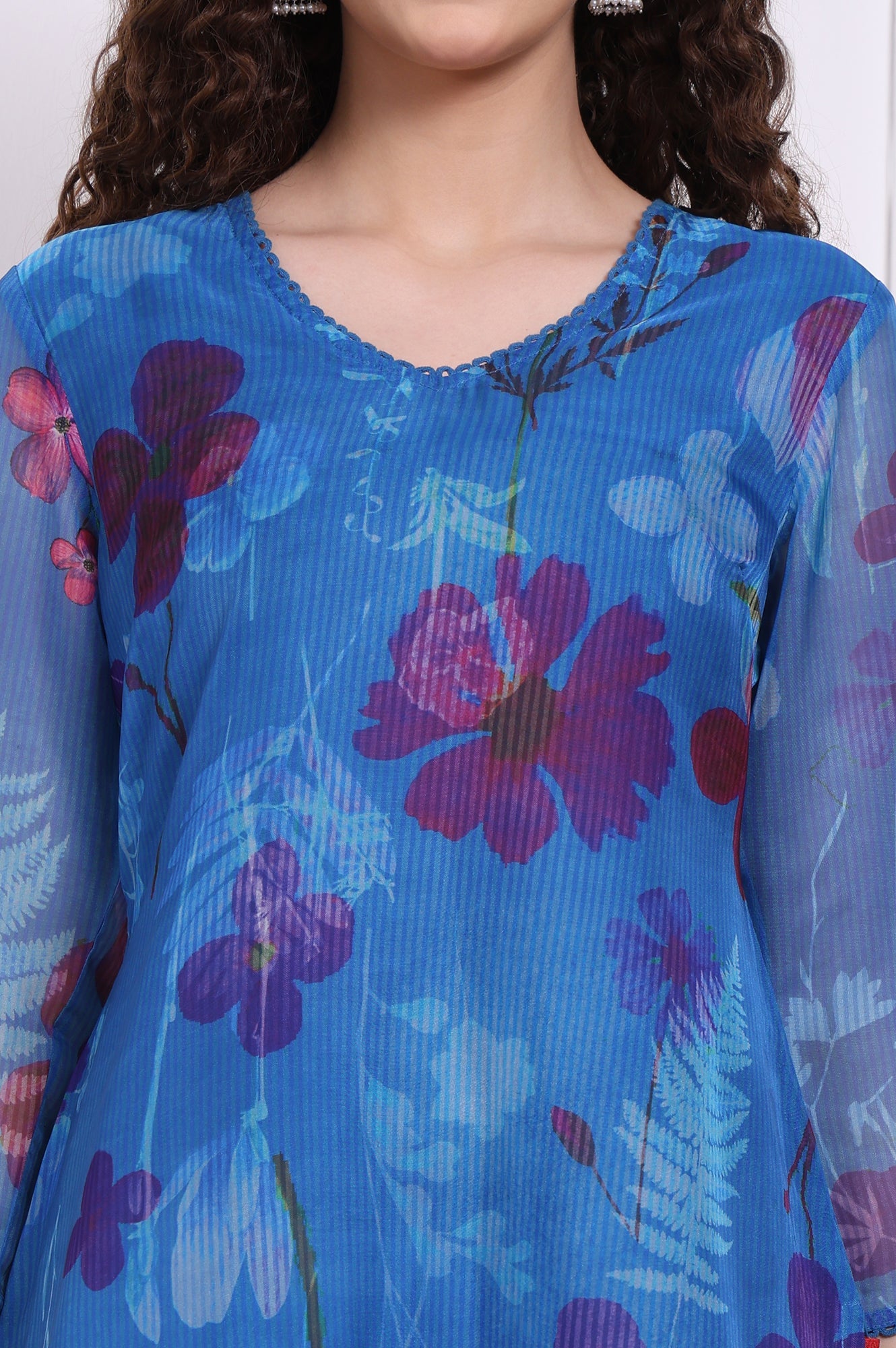 Cobalt Blue Floral Printed Organza Straight Kurta with Lace
