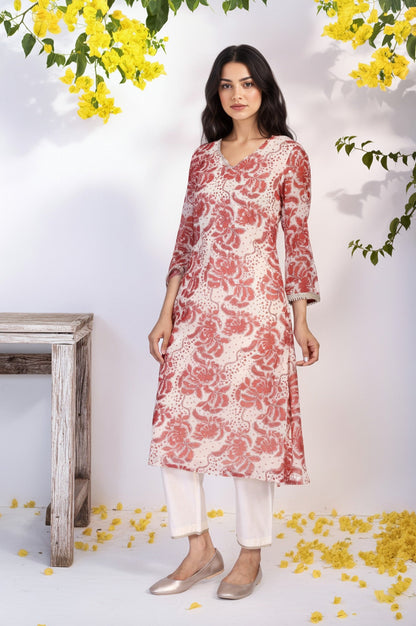 Red Floral Print Lace A-Line Chiffon Kurta