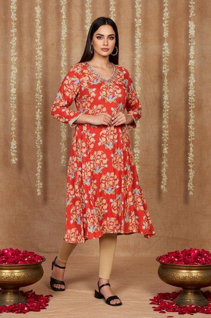 Red Floral Embroidered Flared Rayon Kurta