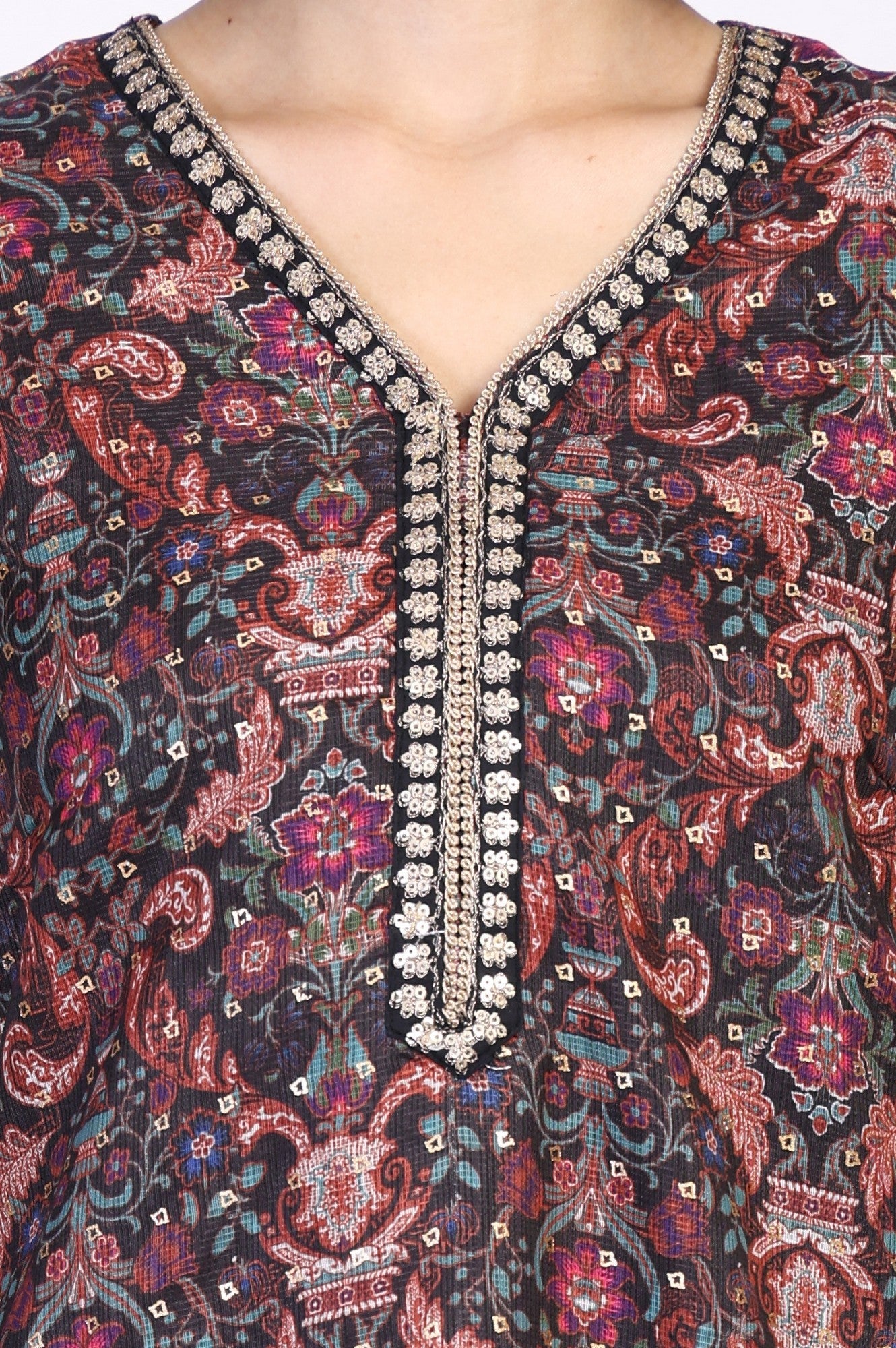 Black Floral Print Metallic Embroidery Straight Kota Kurta