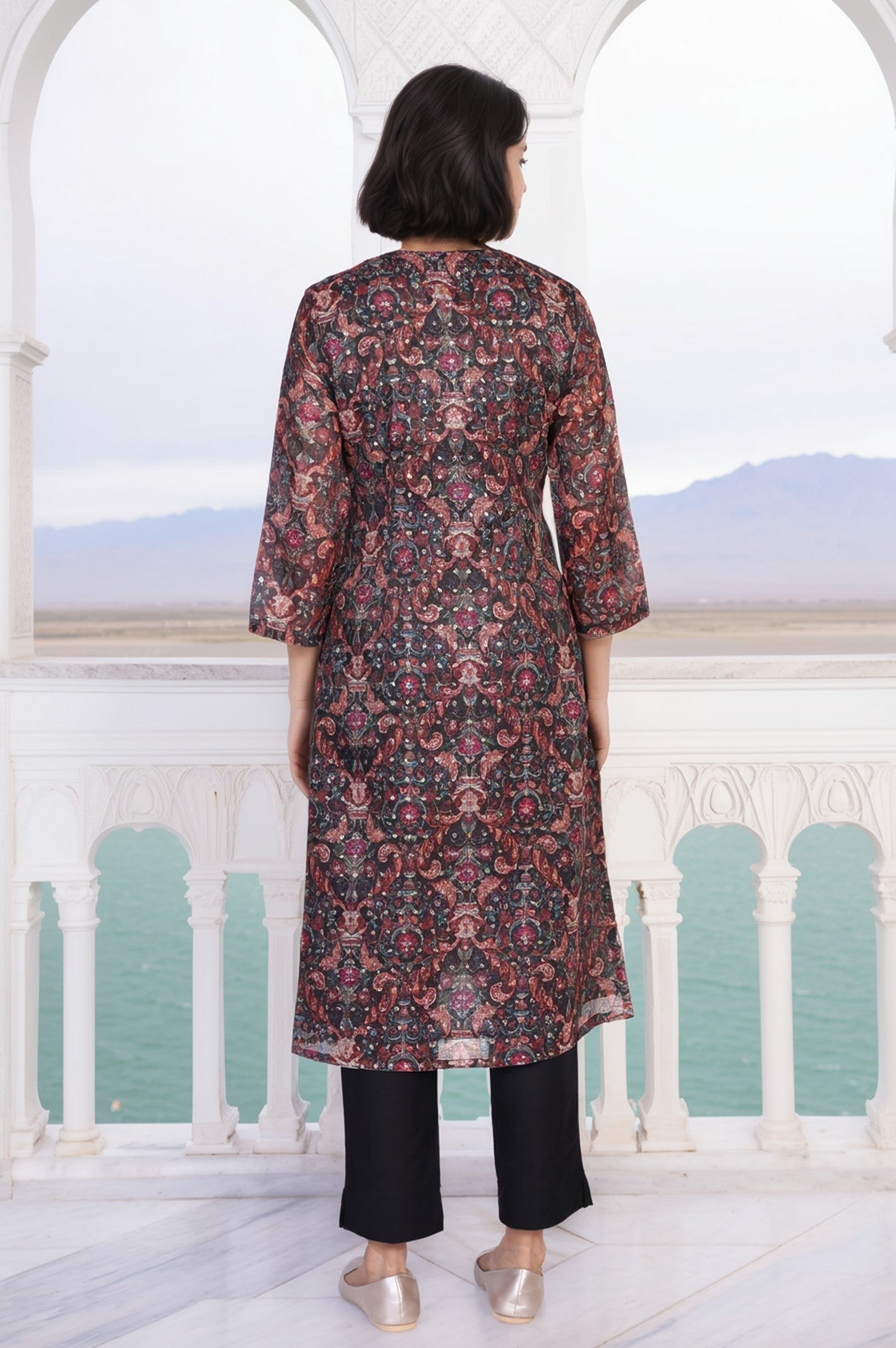 Black Floral Print Metallic Embroidery Straight Kota Kurta