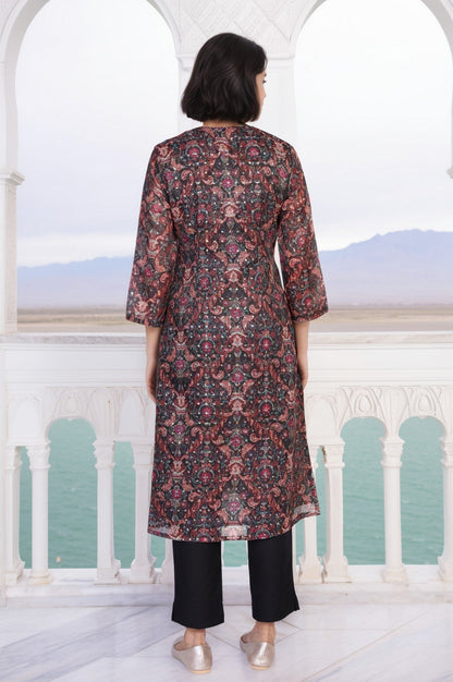 Black Floral Print Metallic Embroidery Straight Kota Kurta