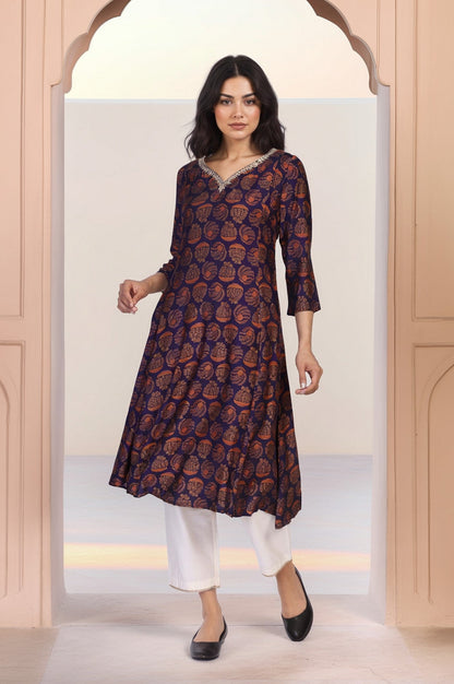 Purple Ethnic Motifs Printed Dori Embroidery Flared Crepe Kurta