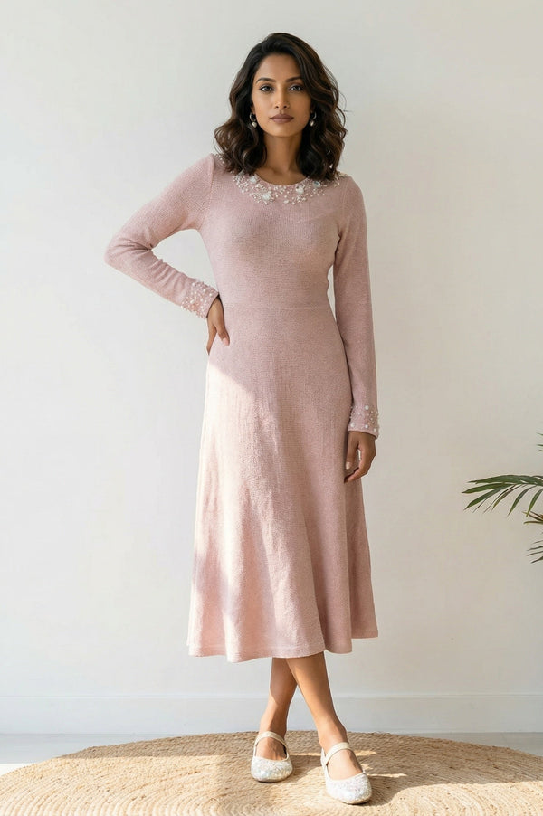 Pink Solid Sequins A-line Winter Dress