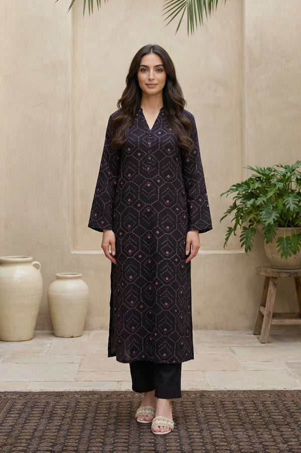Black Geometric Printed Rayon Straight Kurta