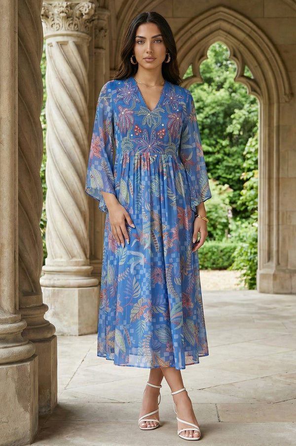 Blue Floral Printed Flared Chiffon Dress with Embroidered Yoke
