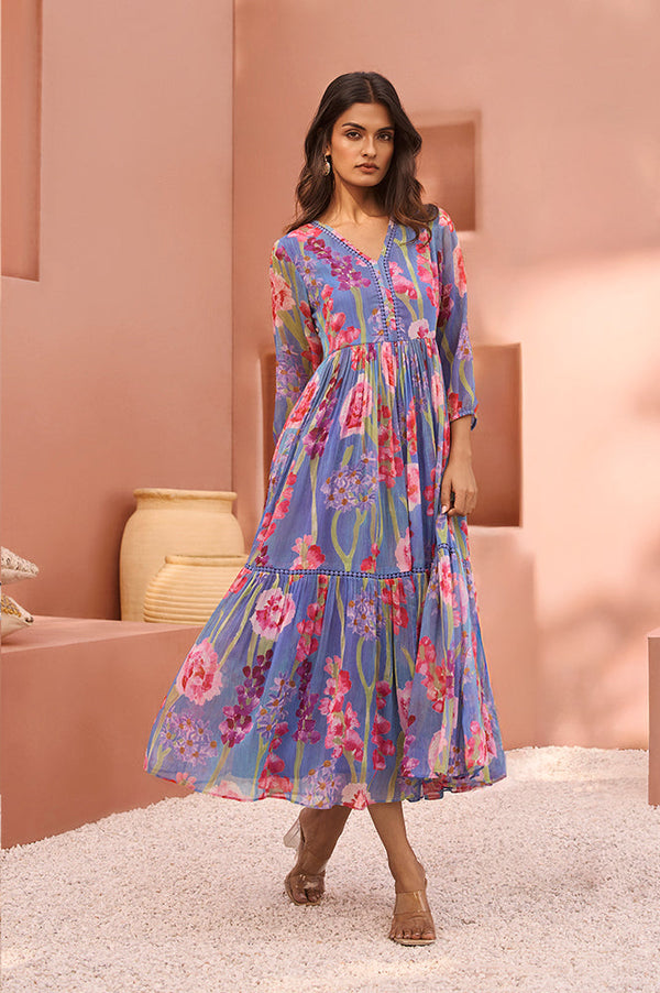 Blue Floral Printed Chiffon Flared Dress