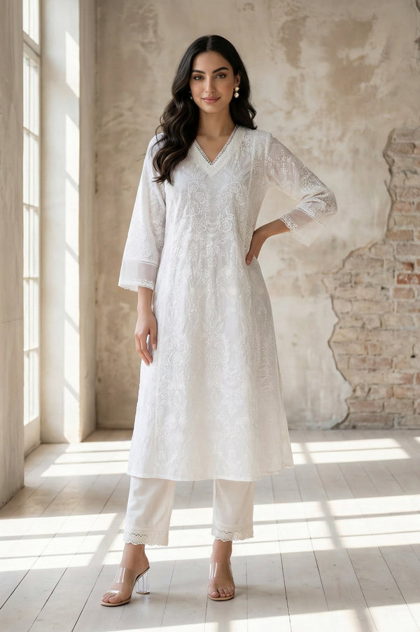 White Floral Printed Lace Pure Cotton Straight Kurta