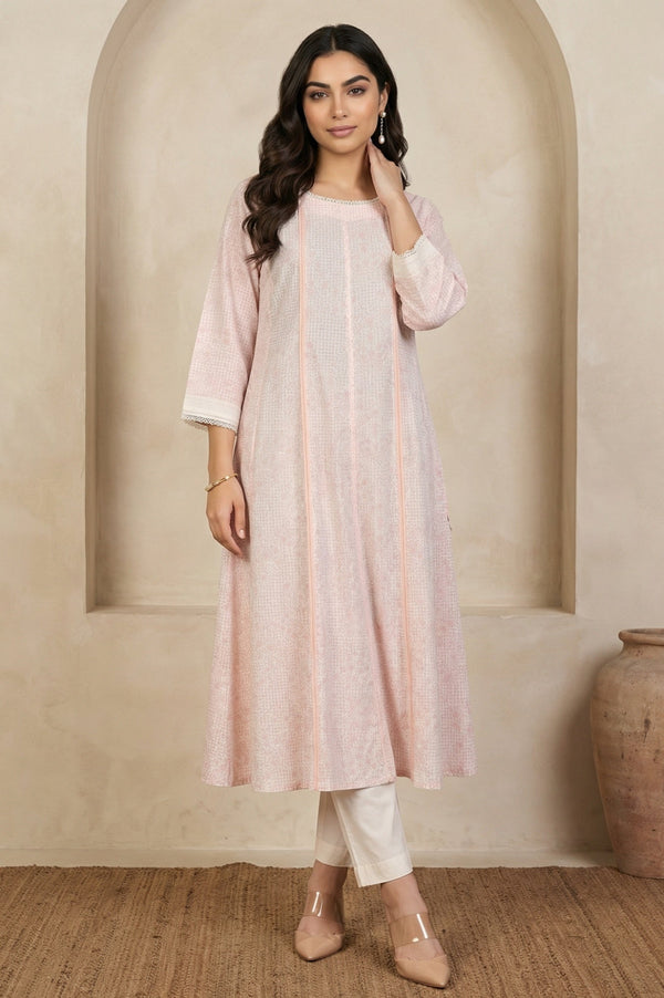 Pastel Pink Floral Printed Lace Pure Cotton Anarkali Kurta