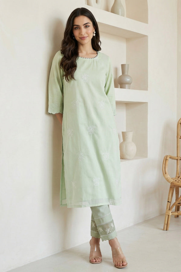 Sea Green Thread Embroidered Straight Kurta