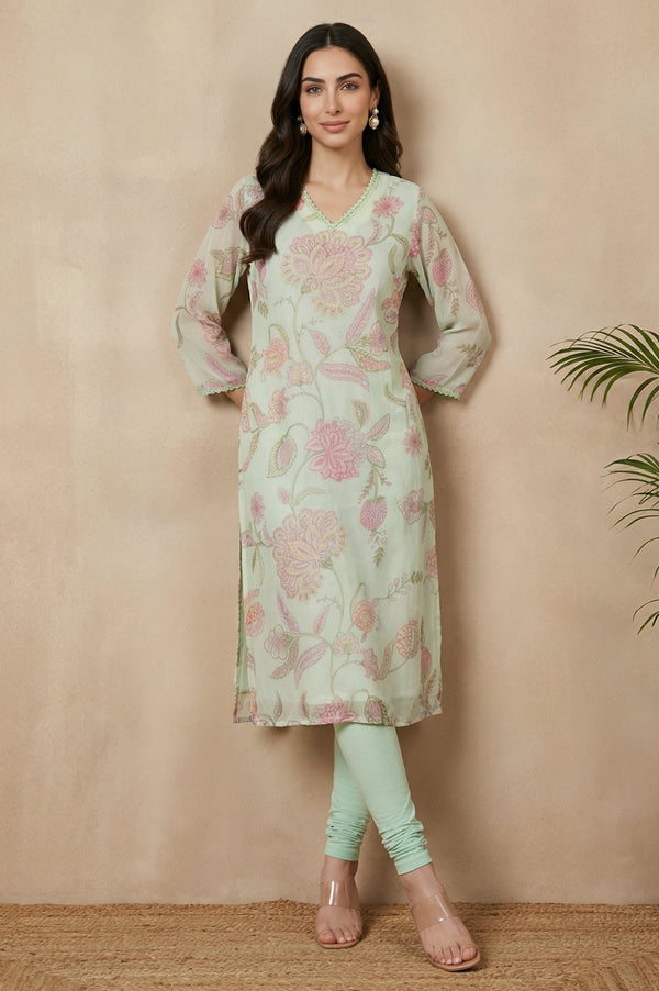 Sea Green Floral Printed Chiffon Straight Kurta