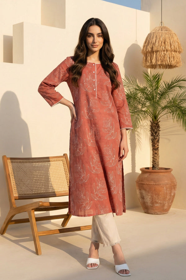 Rust Floral Printed Lace Rayon Flax Straight Kurta