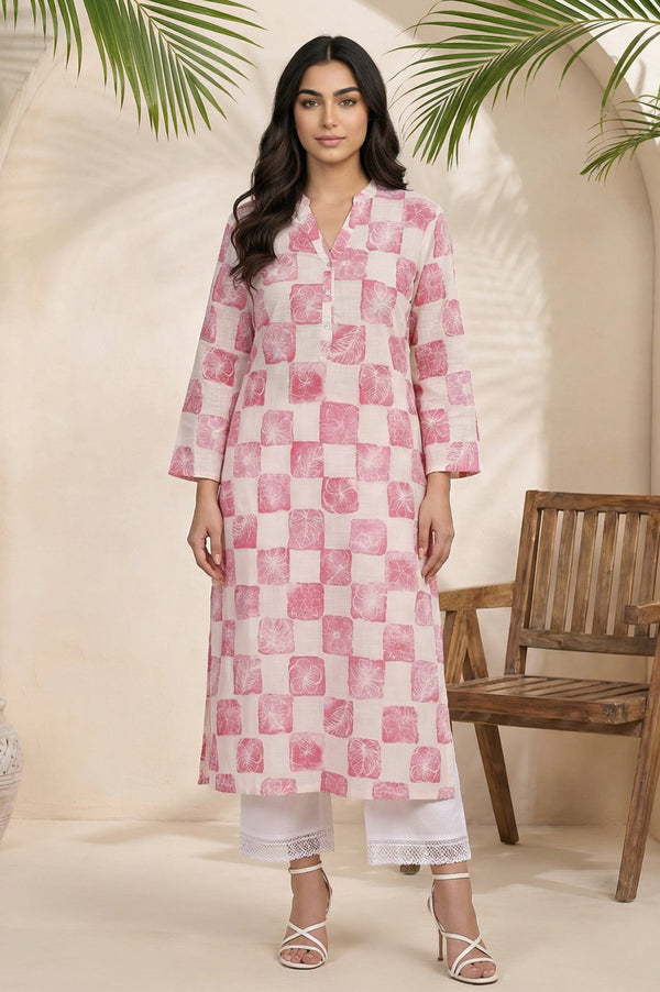 Off White Floral Printed Pure Cotton Straight Kurta