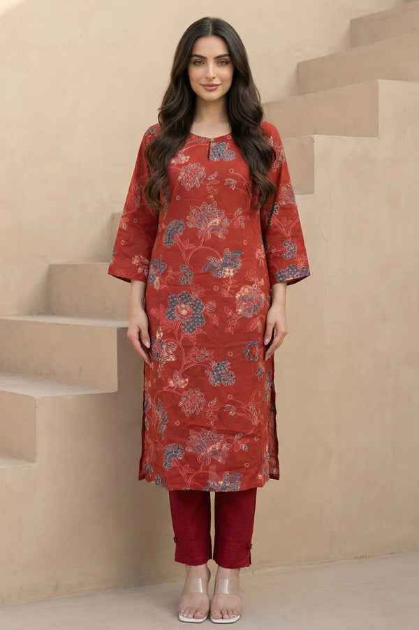Rust Floral Printed Modal Straight Kurta