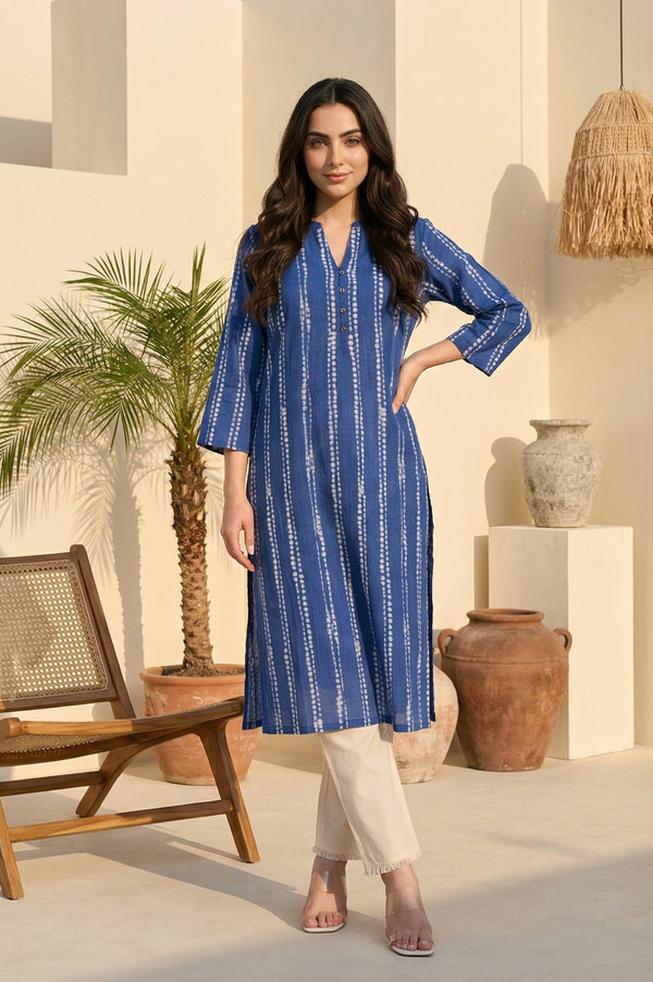 Blue Striped Buttons Pure Cotton Straight Kurta