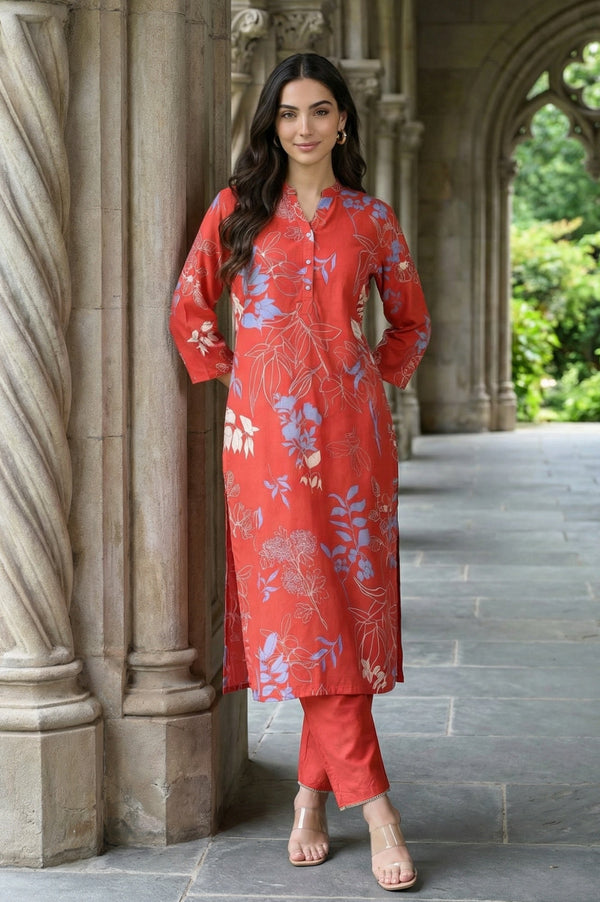 Red Floral Printed Rayon Straight Kurta