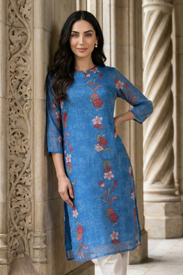 Blue Floral Printed Chiffon Straight Kurta