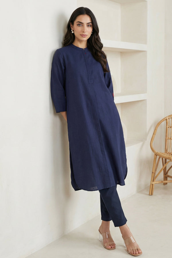 Navy Blue Solid Pure Cotton Straight Kurta