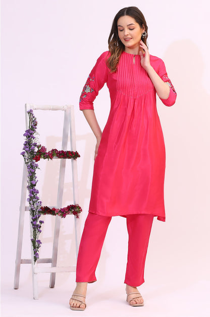 Pink Embroidered Shantung Straight Kurta