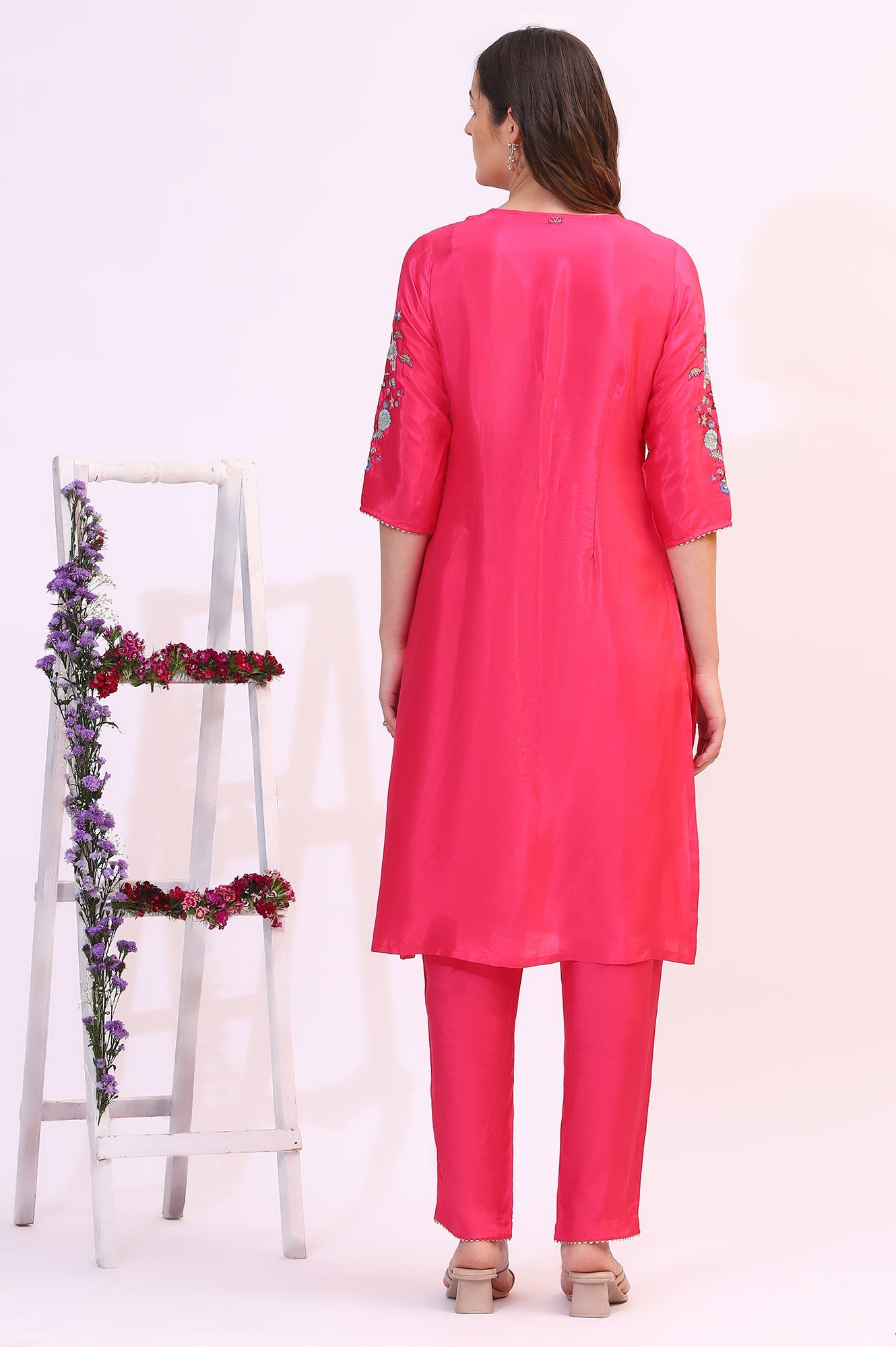 Pink Embroidered Shantung Straight Kurta
