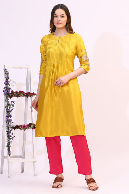 Yellow Embroidered Shantung Straight Kurta