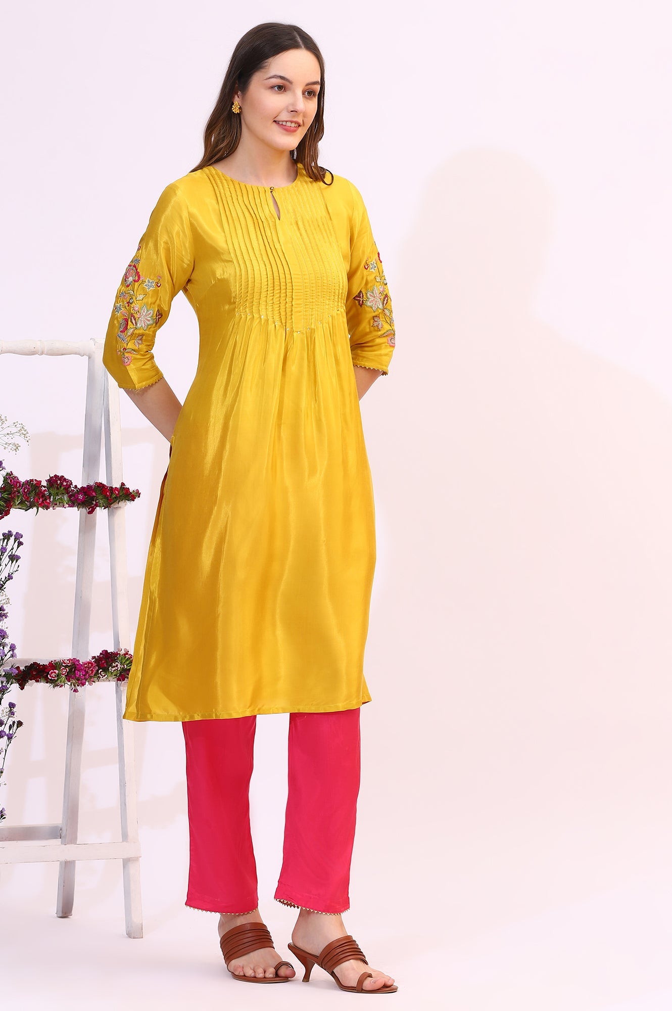 Yellow Embroidered Shantung Straight Kurta