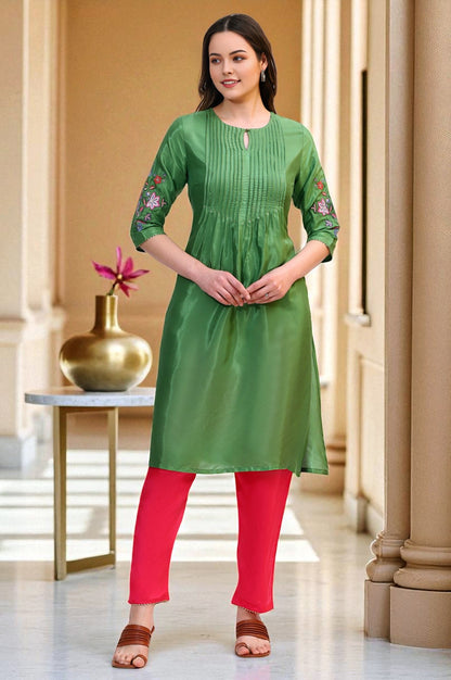 Green Embroidered Shantung Straight Kurta