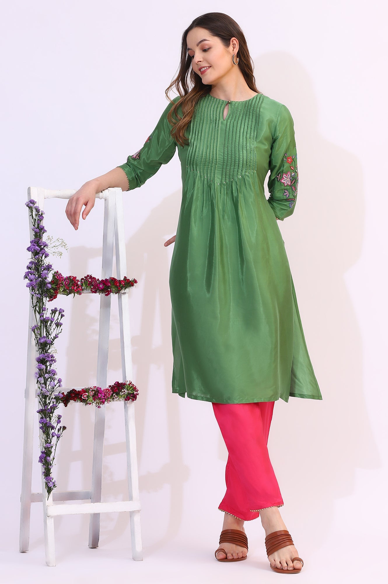 Green Embroidered Shantung Straight Kurta