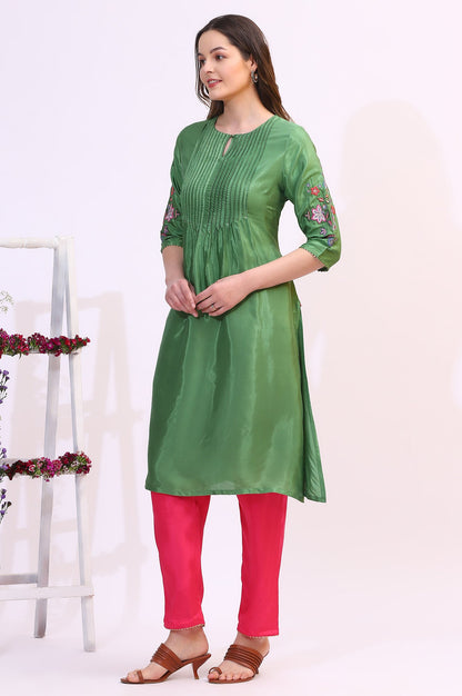 Green Embroidered Shantung Straight Kurta
