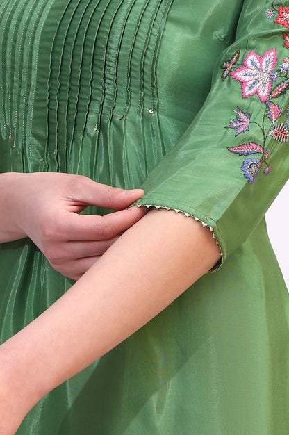 Green Embroidered Shantung Straight Kurta