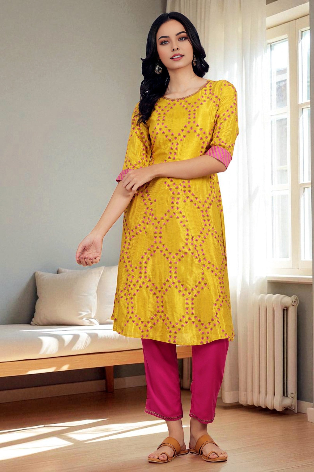 Marigold Yellow Floral Printed Straight Shantung Kurta