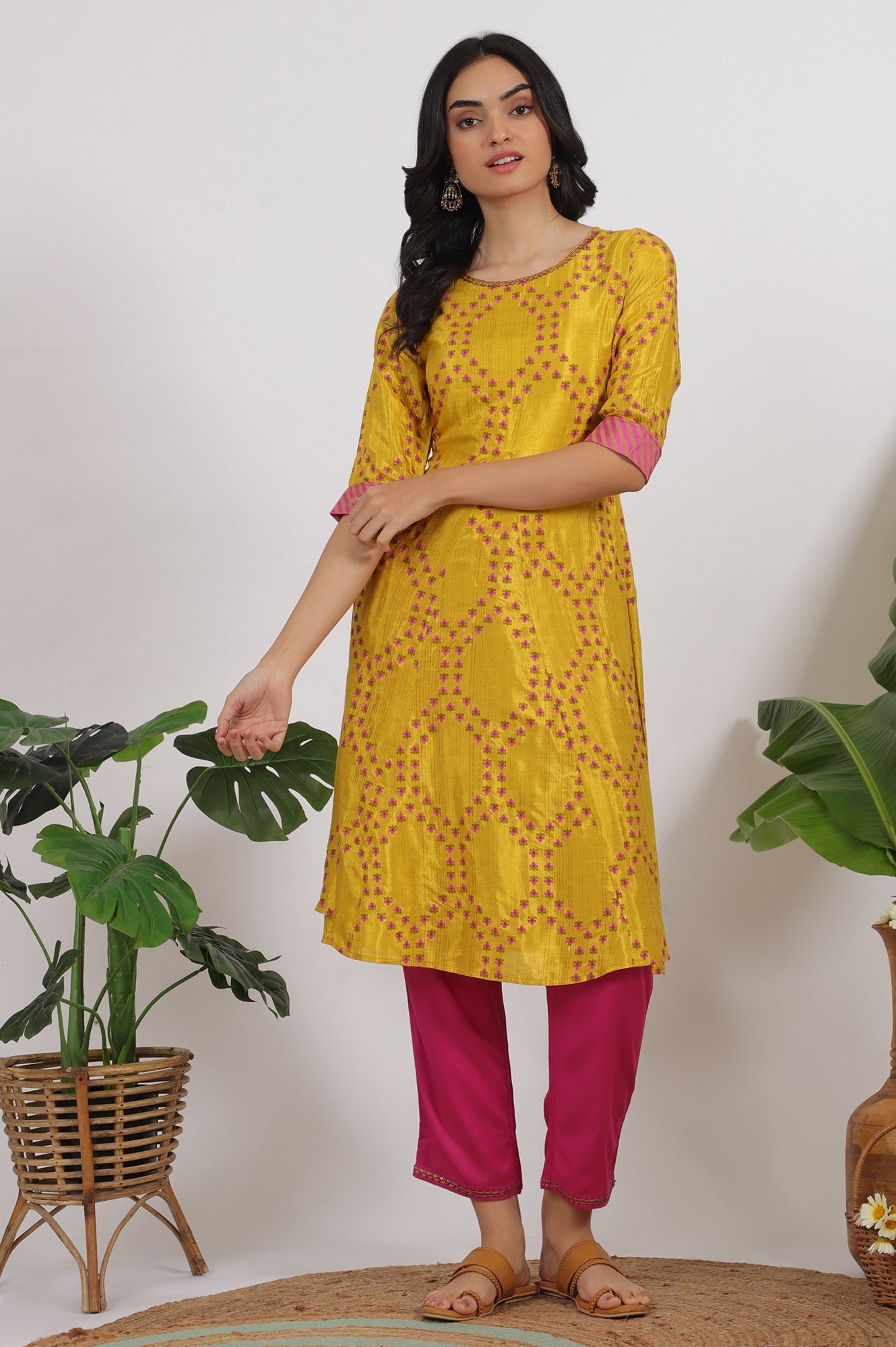 Marigold Yellow Floral Printed Straight Shantung Kurta