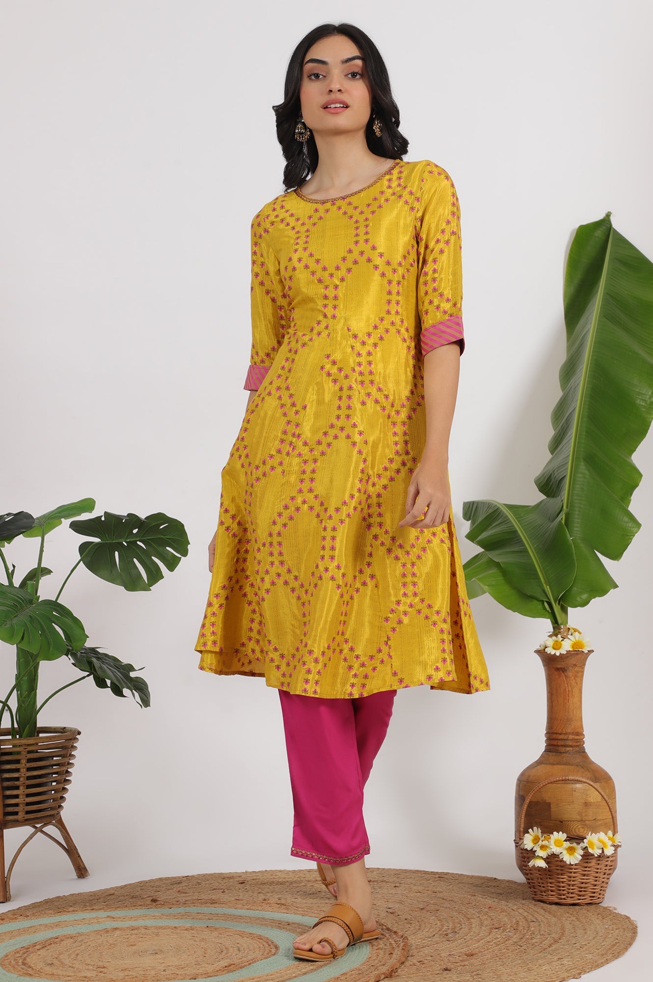 Marigold Yellow Floral Printed Straight Shantung Kurta