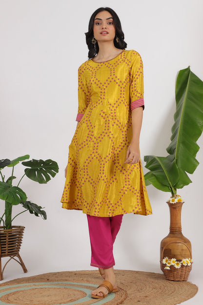 Marigold Yellow Floral Printed Straight Shantung Kurta