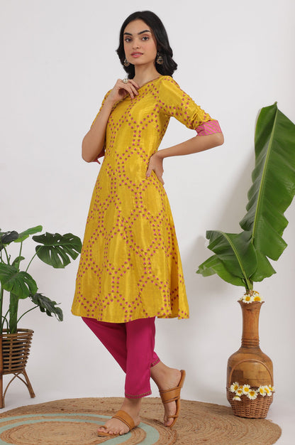Marigold Yellow Floral Printed Straight Shantung Kurta
