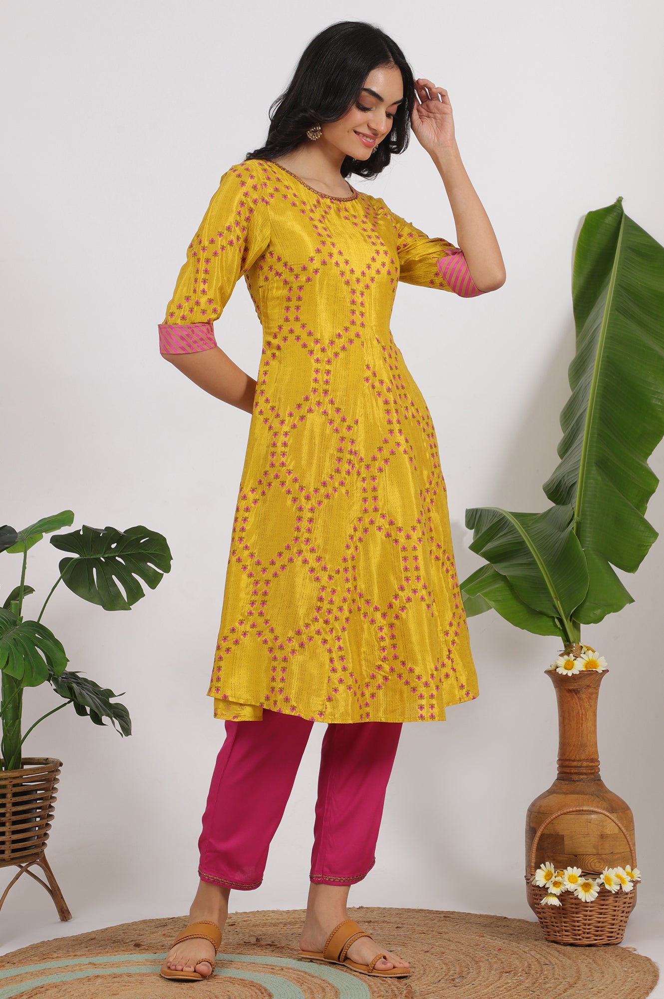 Marigold Yellow Floral Printed Straight Shantung Kurta