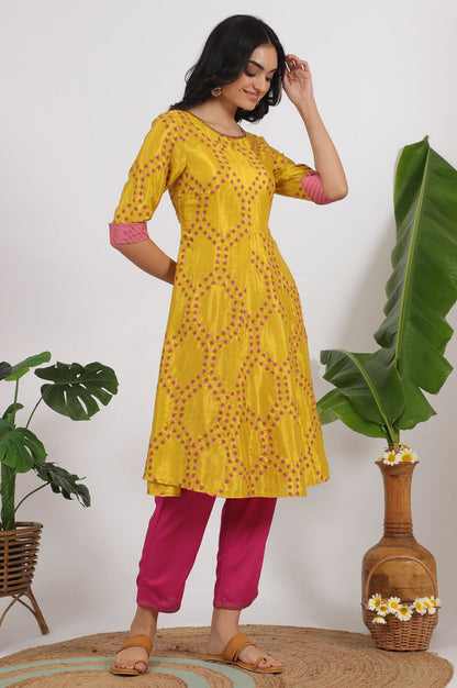 Marigold Yellow Floral Printed Straight Shantung Kurta