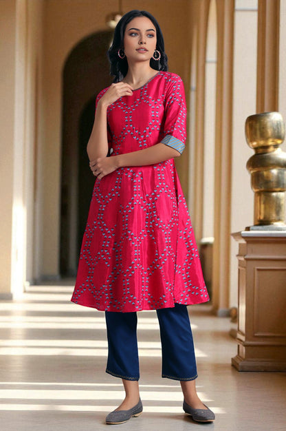Pink Floral Printed Straight Shantung Kurta