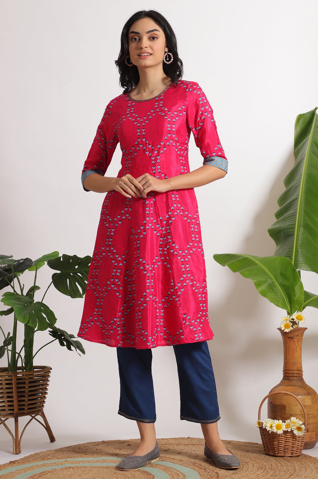 Pink Floral Printed Straight Shantung Kurta