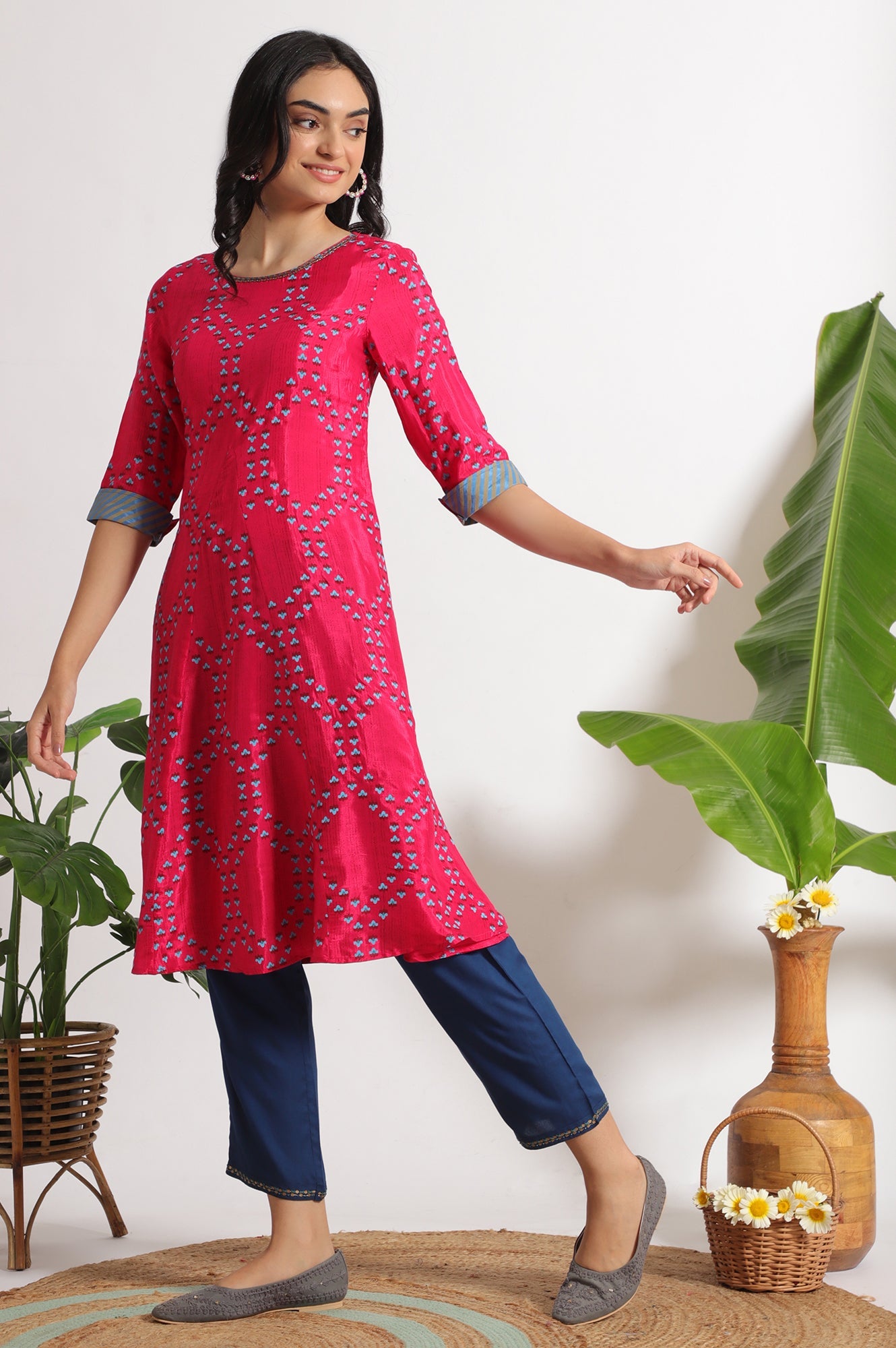 Pink Floral Printed Straight Shantung Kurta