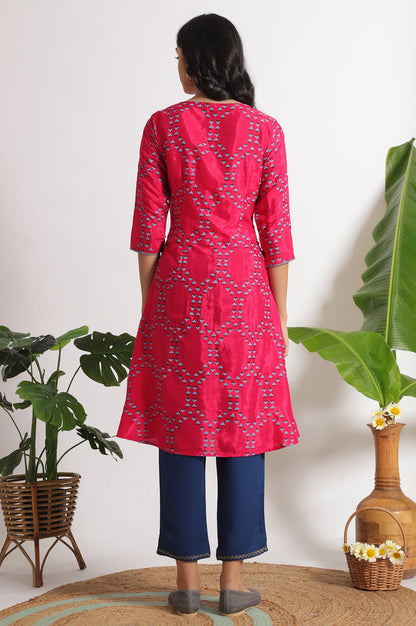 Pink Floral Printed Straight Shantung Kurta