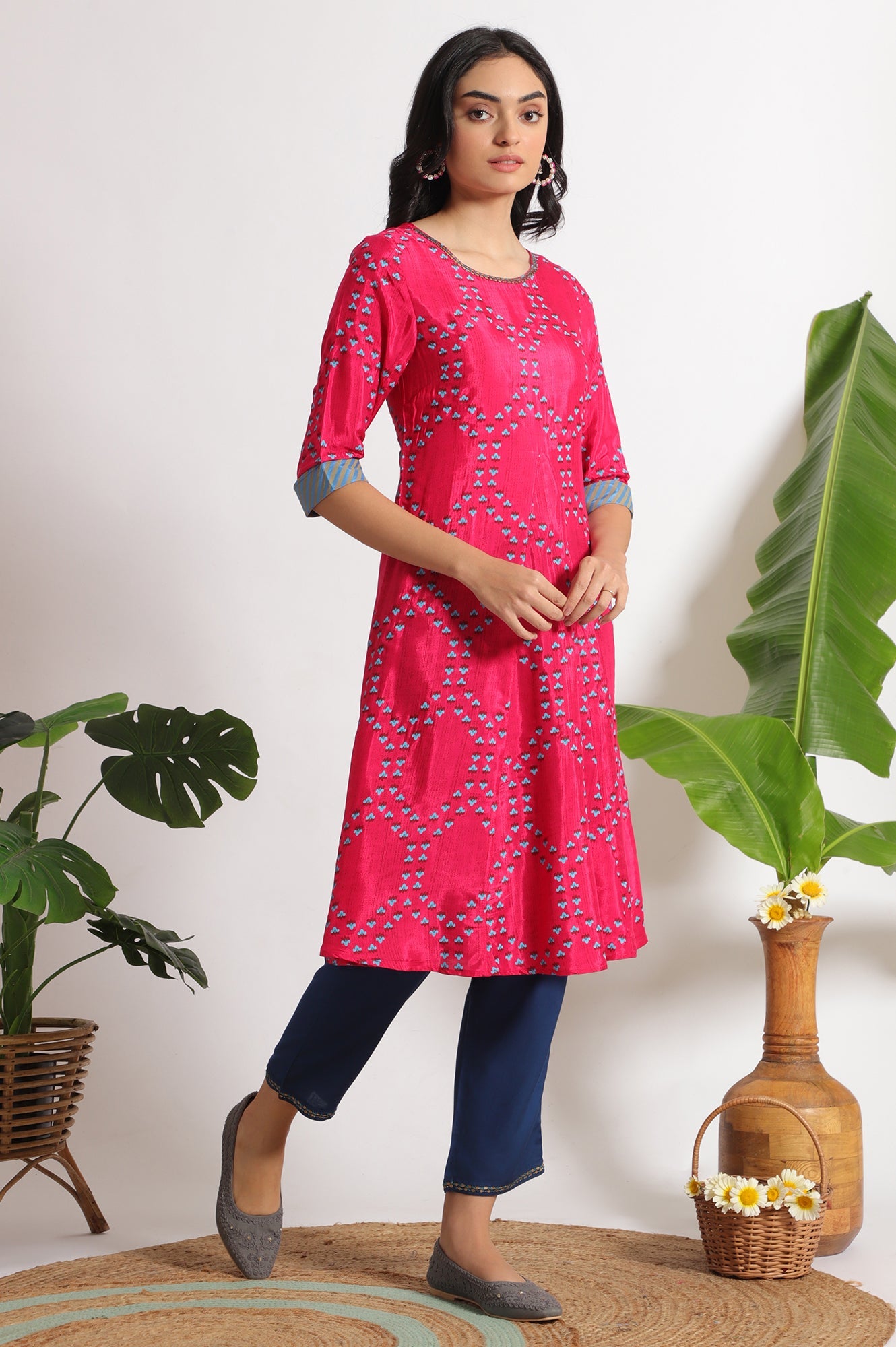 Pink Floral Printed Straight Shantung Kurta
