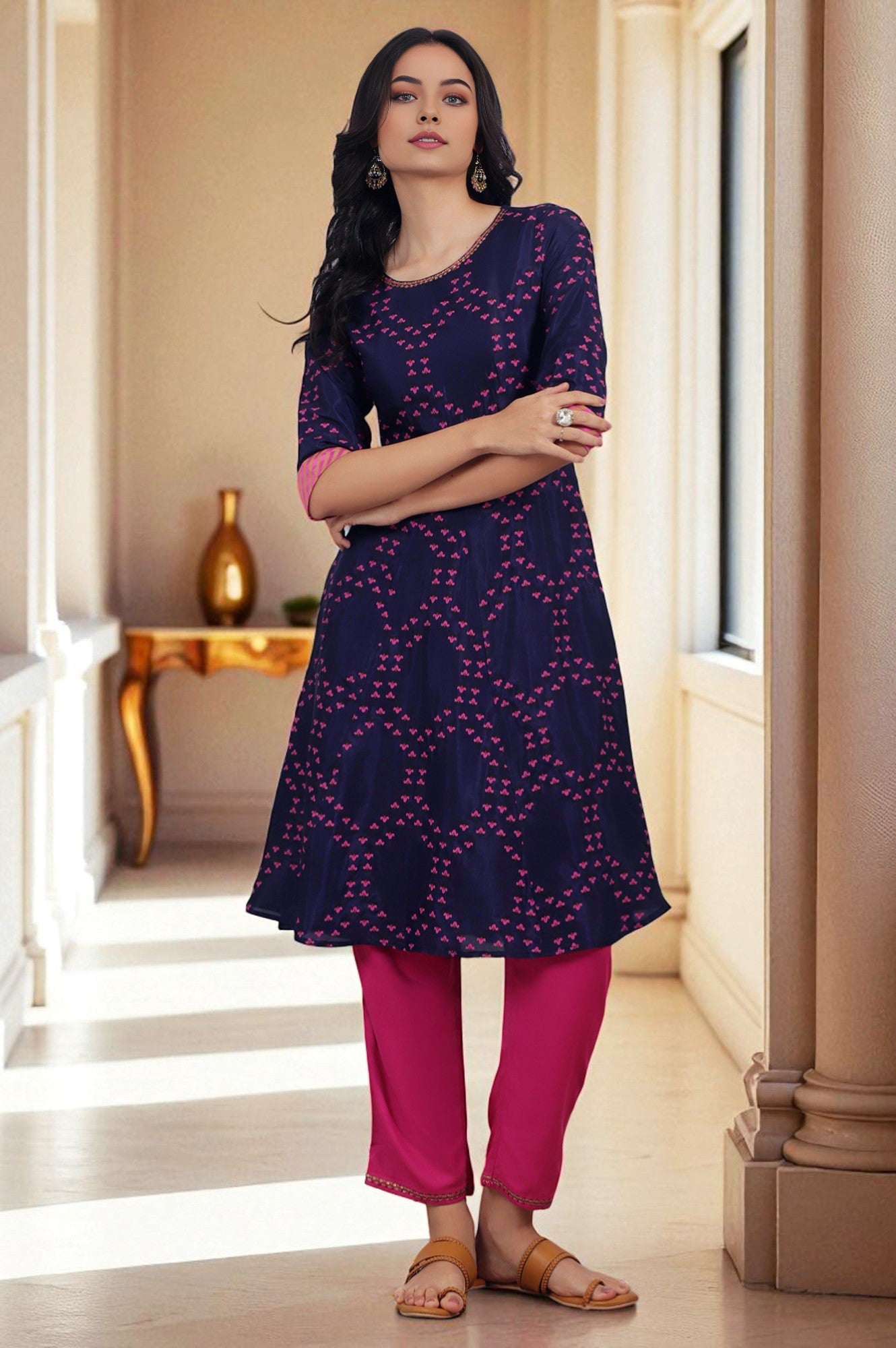 Blue Floral Printed Straight Shantung Kurta