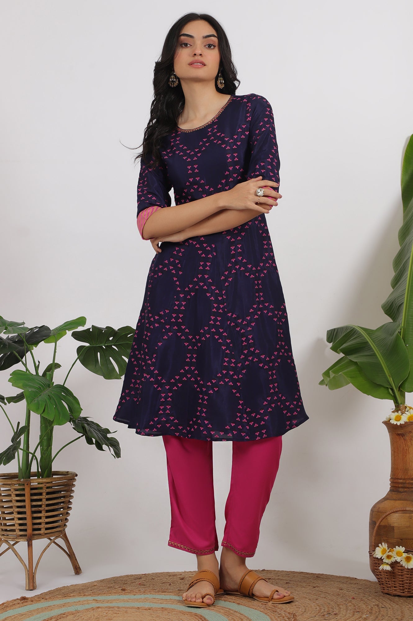 Blue Floral Printed Straight Shantung Kurta